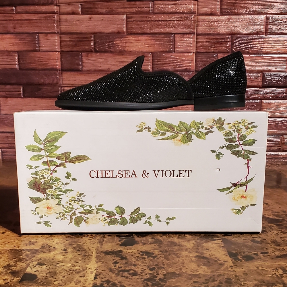 Chelsea & Violet LEONE Black Rhinestone Women Flat Shoes Loafer